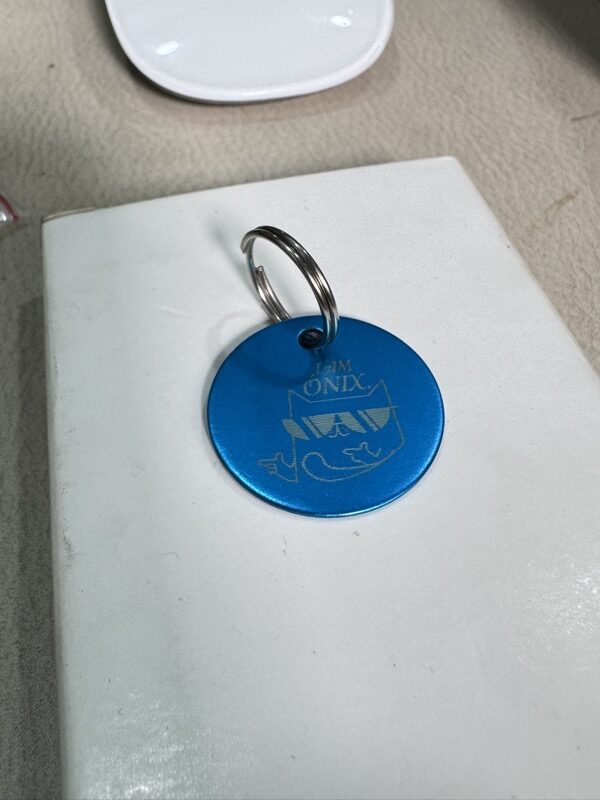 Placa redonda azul con diseño de gato Onix grabado