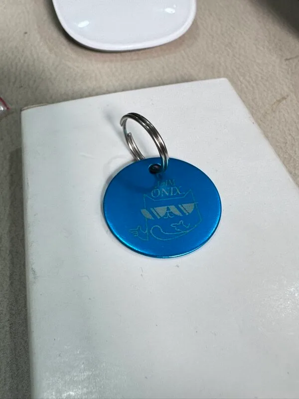 Placa redonda azul con diseño de gato Onix grabado