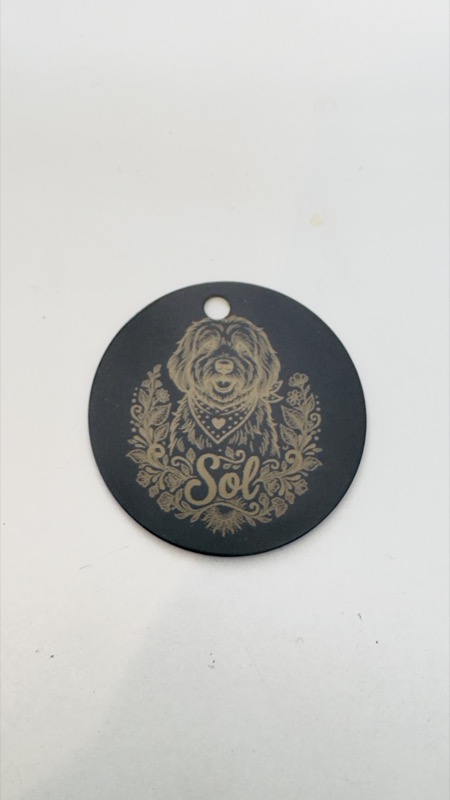 Placa personalizada para mascota Sol — grabado retrato de perro en aluminio negro NexZoo Colombia