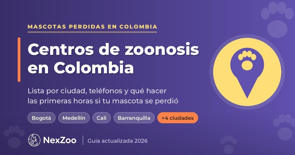 Pin de ubicación con huella de mascota sobre fondo morado NexZoo: centros de zoonosis en Colombia, lista por ciudad