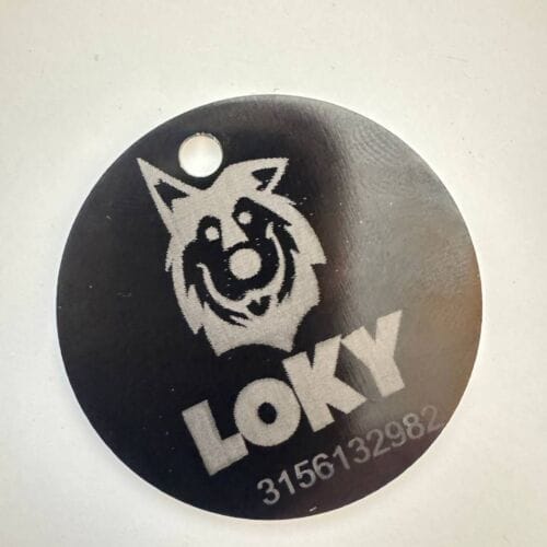 Placa grabada con nombre Loky y teléfono