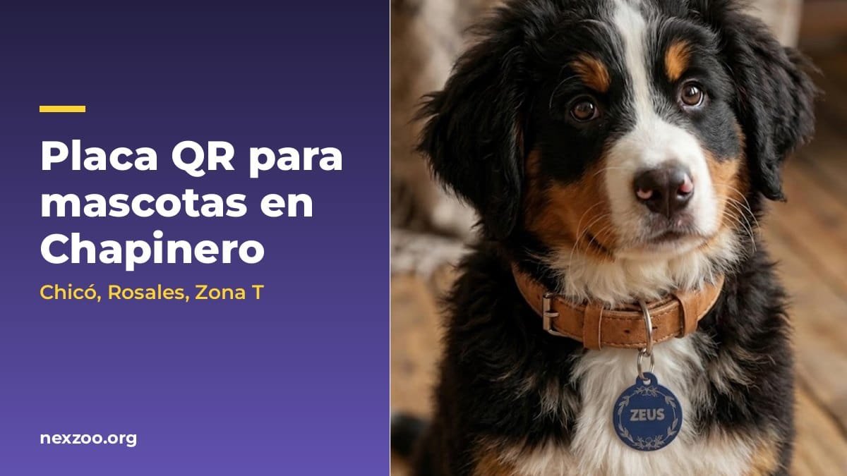 Cachorro con placa QR NexZoo azul con el nombre Zeus