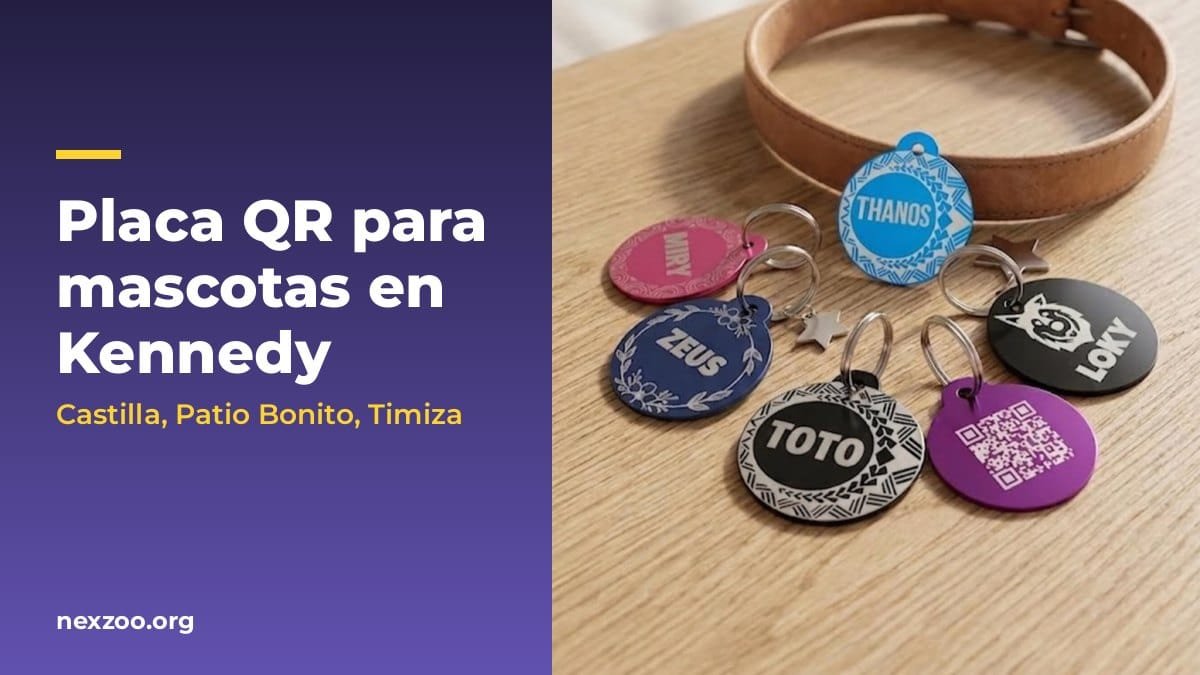 Colección de placas QR NexZoo grabadas con nombres de mascotas