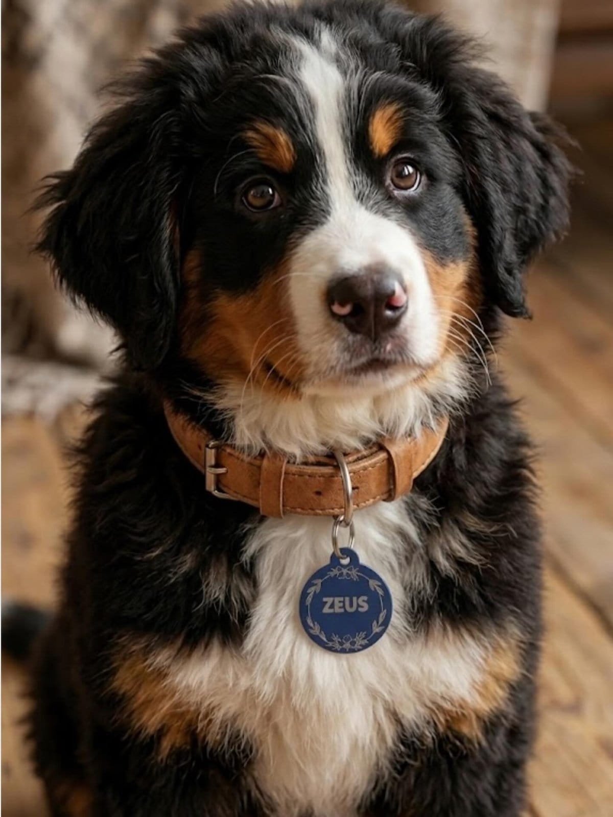 Cachorro con su placa QR NexZoo azul grabada con el nombre Zeus