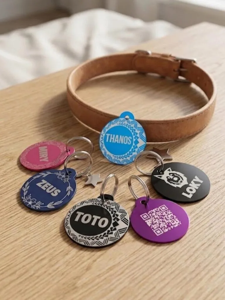 Placas NexZoo de colores grabadas con nombres de mascotas junto a un collar de cuero